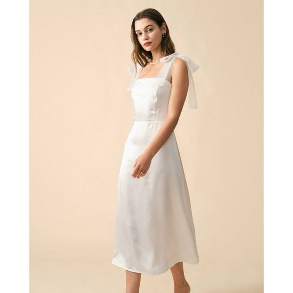 White Satin Midi Dress with Bow Straps